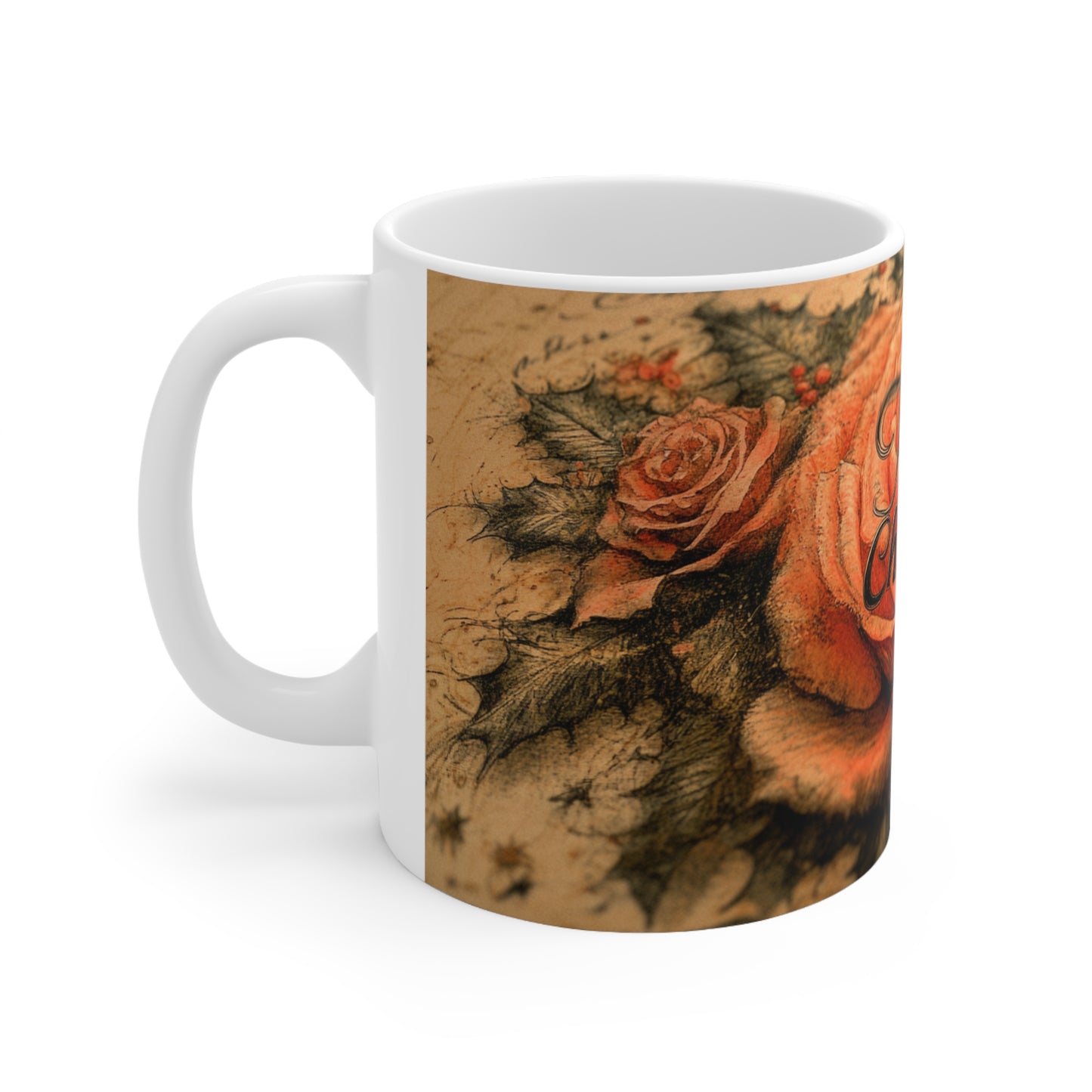 Merry Christmas Rose Ceramic Coffee Cup, 11oz